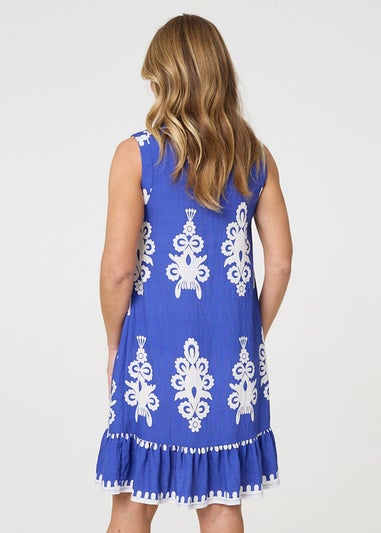 Izabel London Blue Ikat Print Sleeveless Short Shift Dress