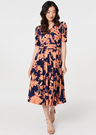 Izabel London Navy Floral 1/2 Sleeve Faux Wrap Midi Dress