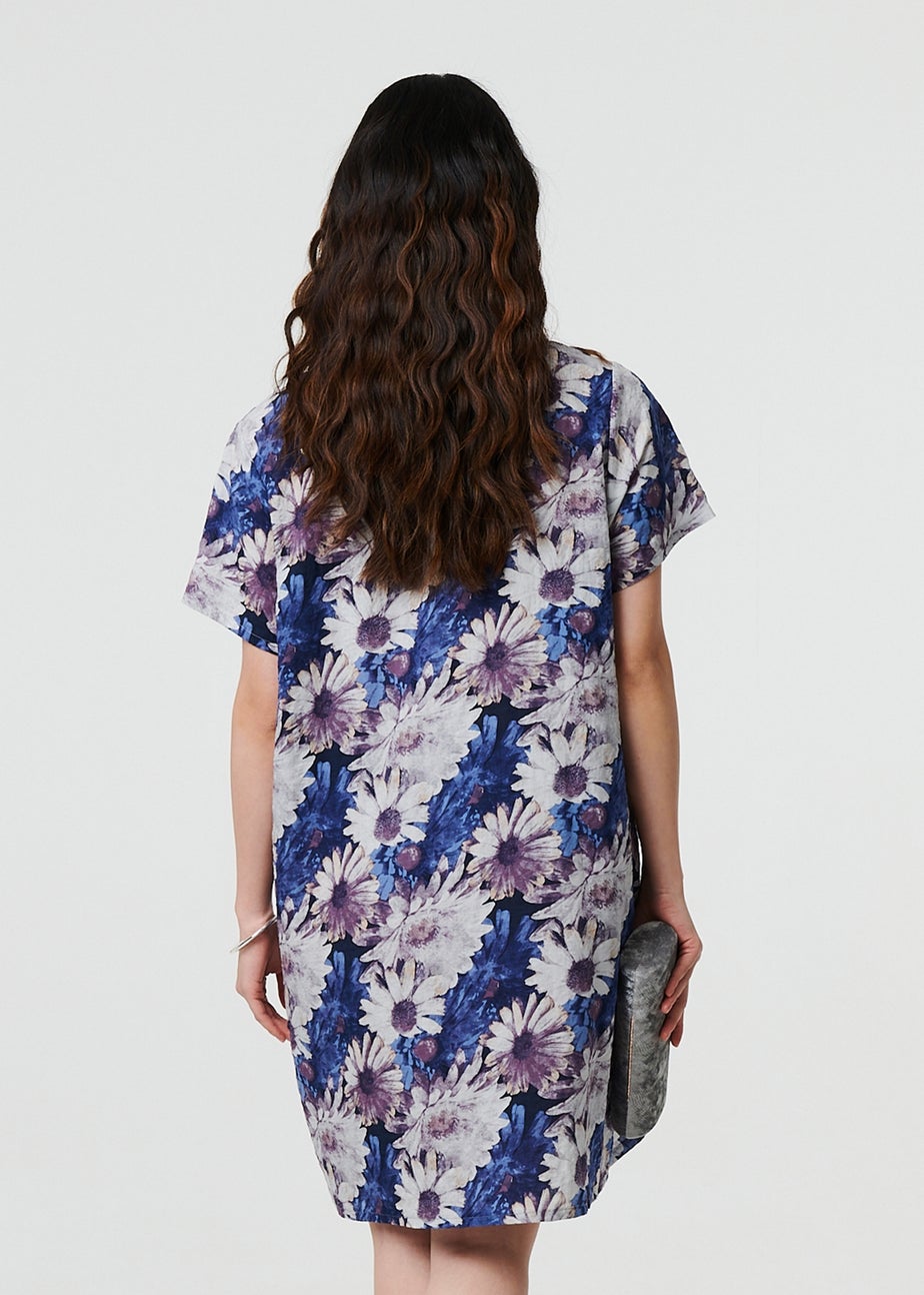 Izabel London Blue Floral Short Sleeve Knee Length Shift Dress