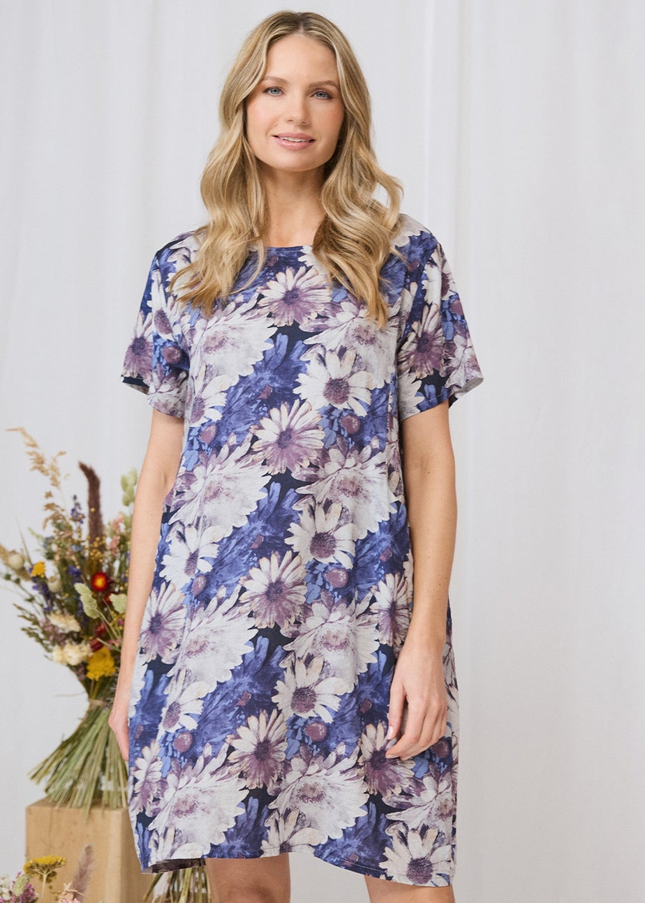 Izabel London Blue Floral Short Sleeve Knee Length Shift Dress