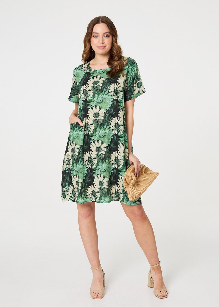 Izabel London Green Floral Short Sleeve Knee Length Shift Dress