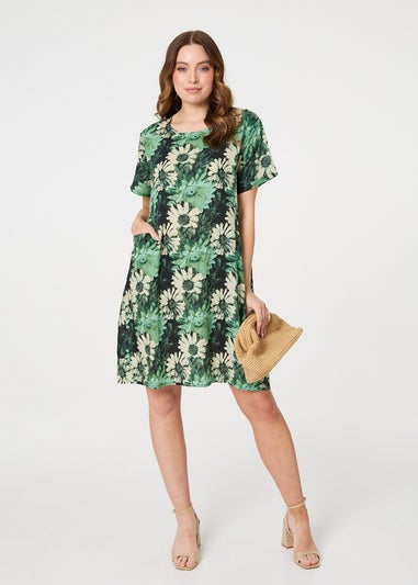Izabel London Green Floral Short Sleeve Knee Length Shift Dress