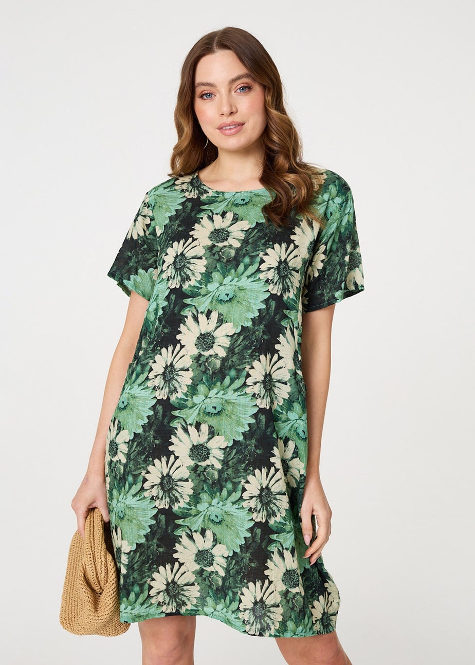 Izabel London Green Floral Short Sleeve Knee Length Shift Dress