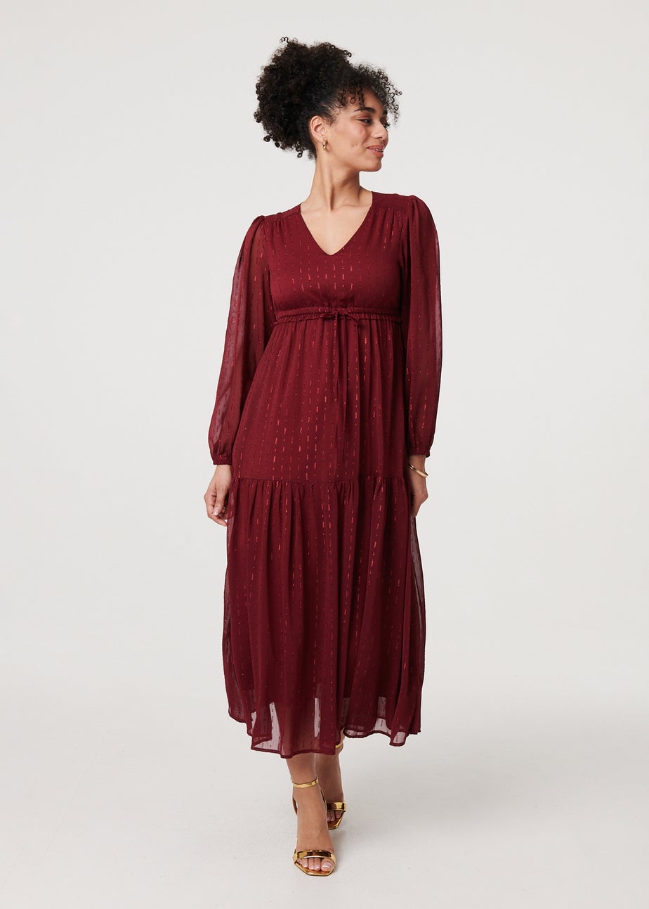 Izabel London Red Sparkly Semi Sheer Long Sleeve Midi Dress