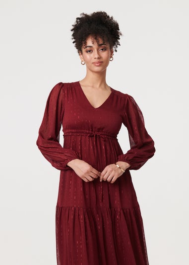 Izabel London Red Sparkly Semi Sheer Long Sleeve Midi Dress