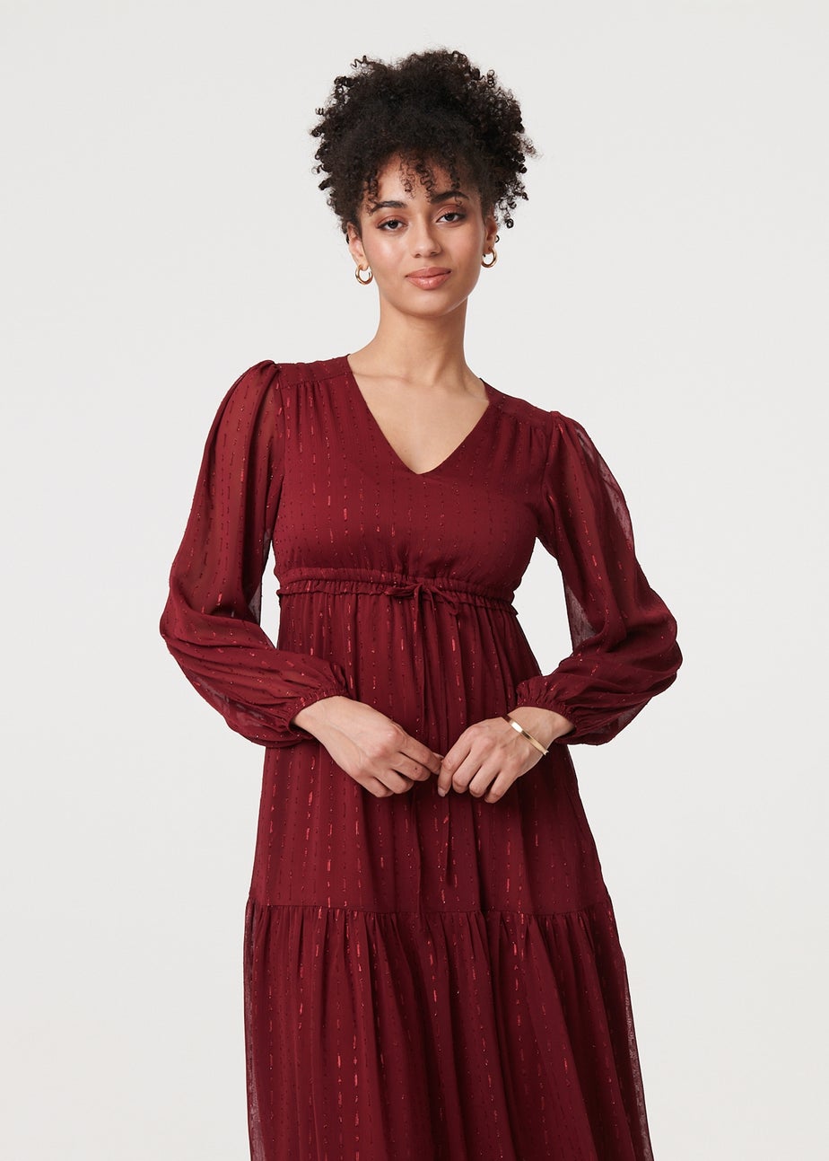 Izabel London Red Sparkly Semi Sheer Long Sleeve Midi Dress