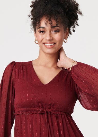 Izabel London Red Sparkly Semi Sheer Long Sleeve Midi Dress