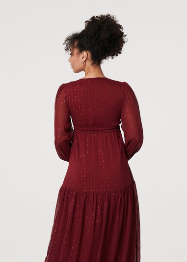 Izabel London Red Sparkly Semi Sheer Long Sleeve Midi Dress