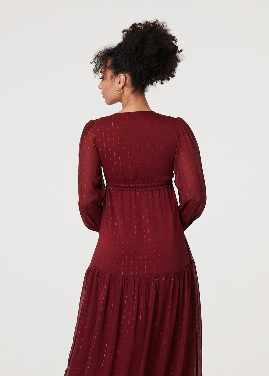 Izabel London Red Sparkly Semi Sheer Long Sleeve Midi Dress