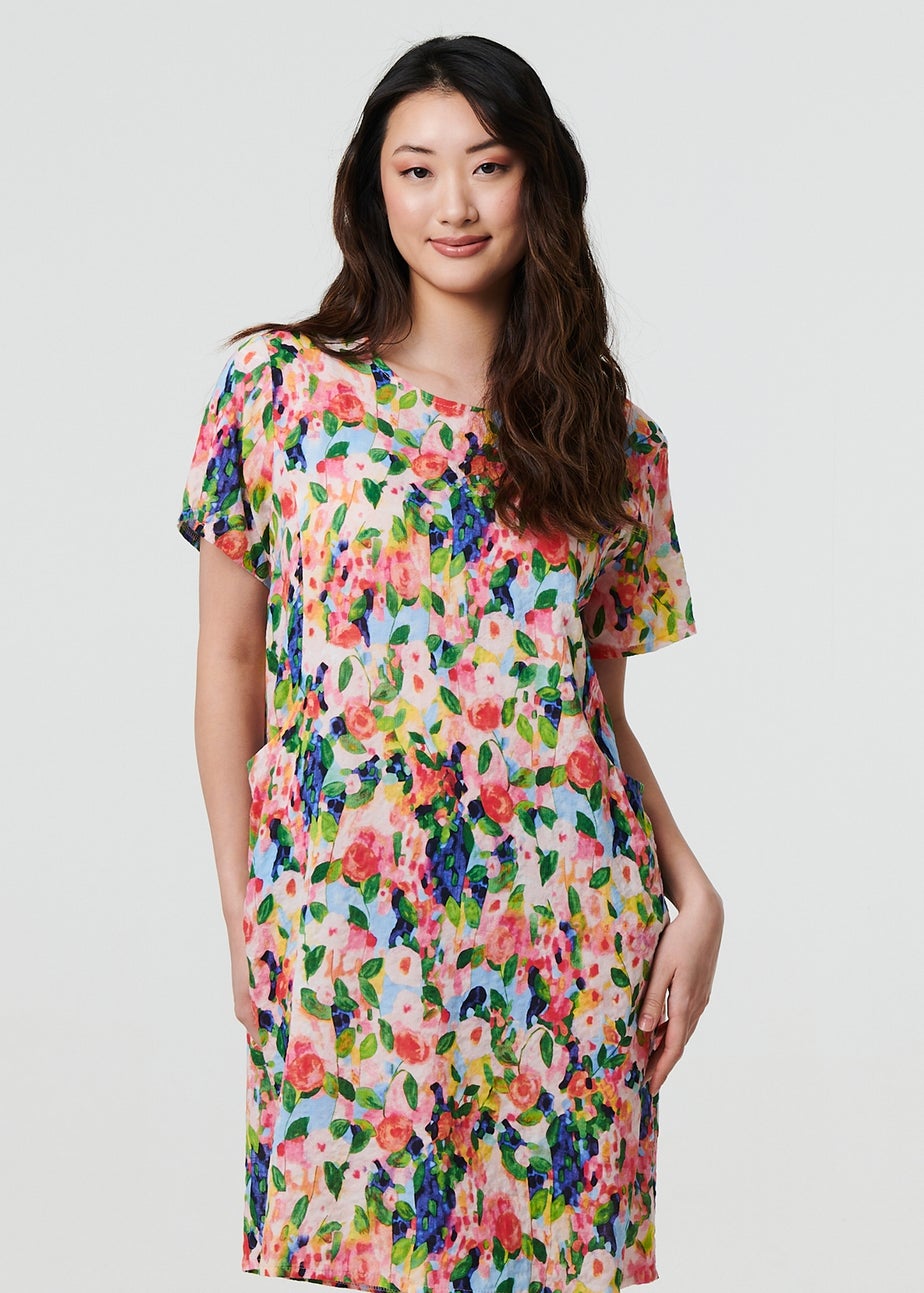 Izabel London Pink Floral Short Sleeve Shift Short Dress