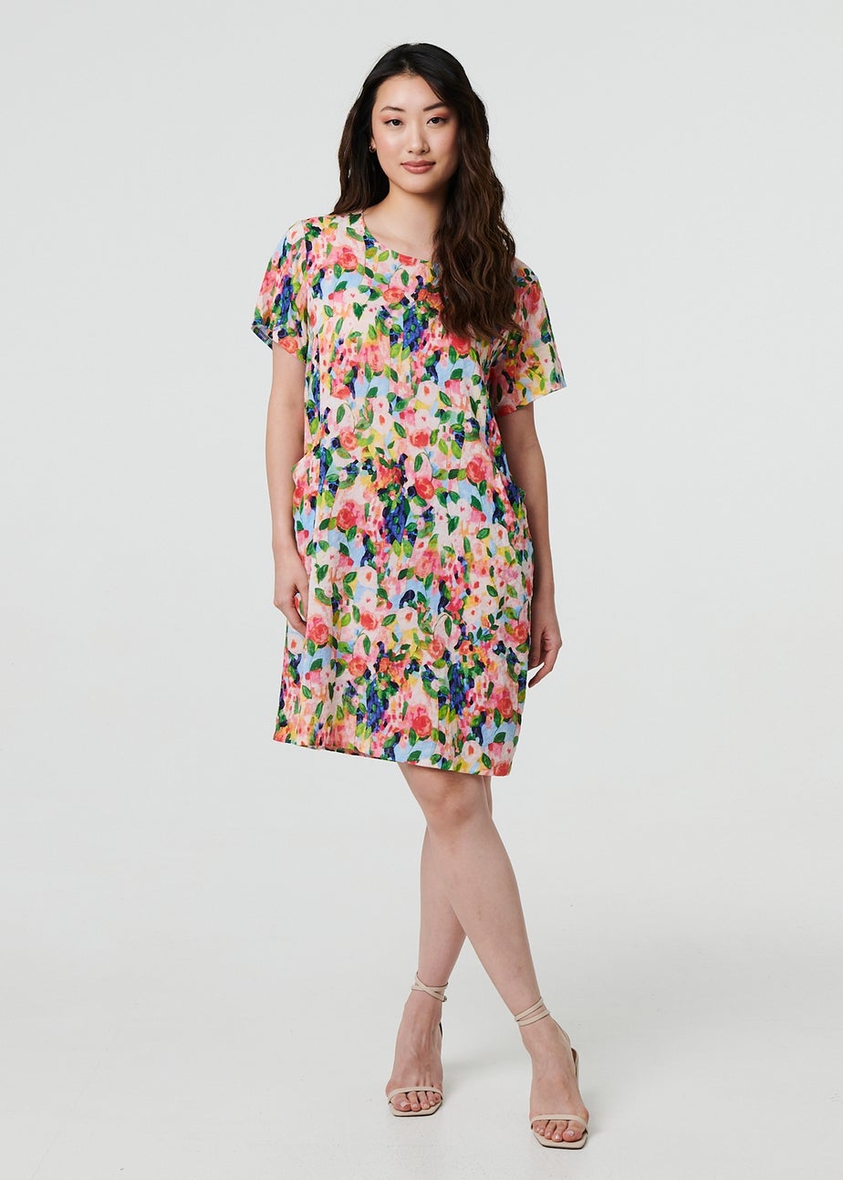 Izabel London Pink Floral Short Sleeve Shift Short Dress