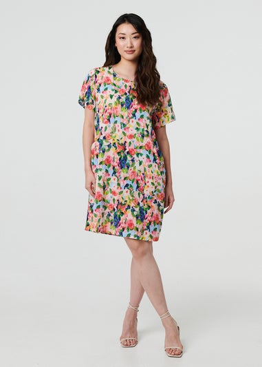 Izabel London Pink Floral Short Sleeve Shift Short Dress