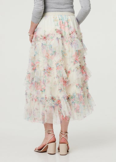 Izabel London White Floral Semi Sheer Mesh Ruffled Midi Skirt