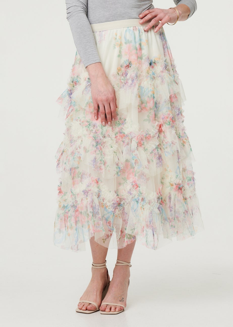 Izabel London White Floral Semi Sheer Mesh Ruffled Midi Skirt
