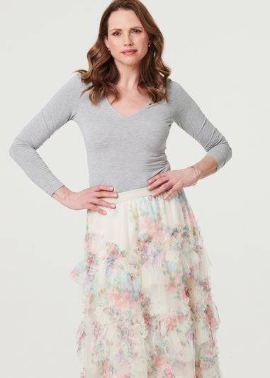 Izabel London White Floral Semi Sheer Mesh Ruffled Midi Skirt