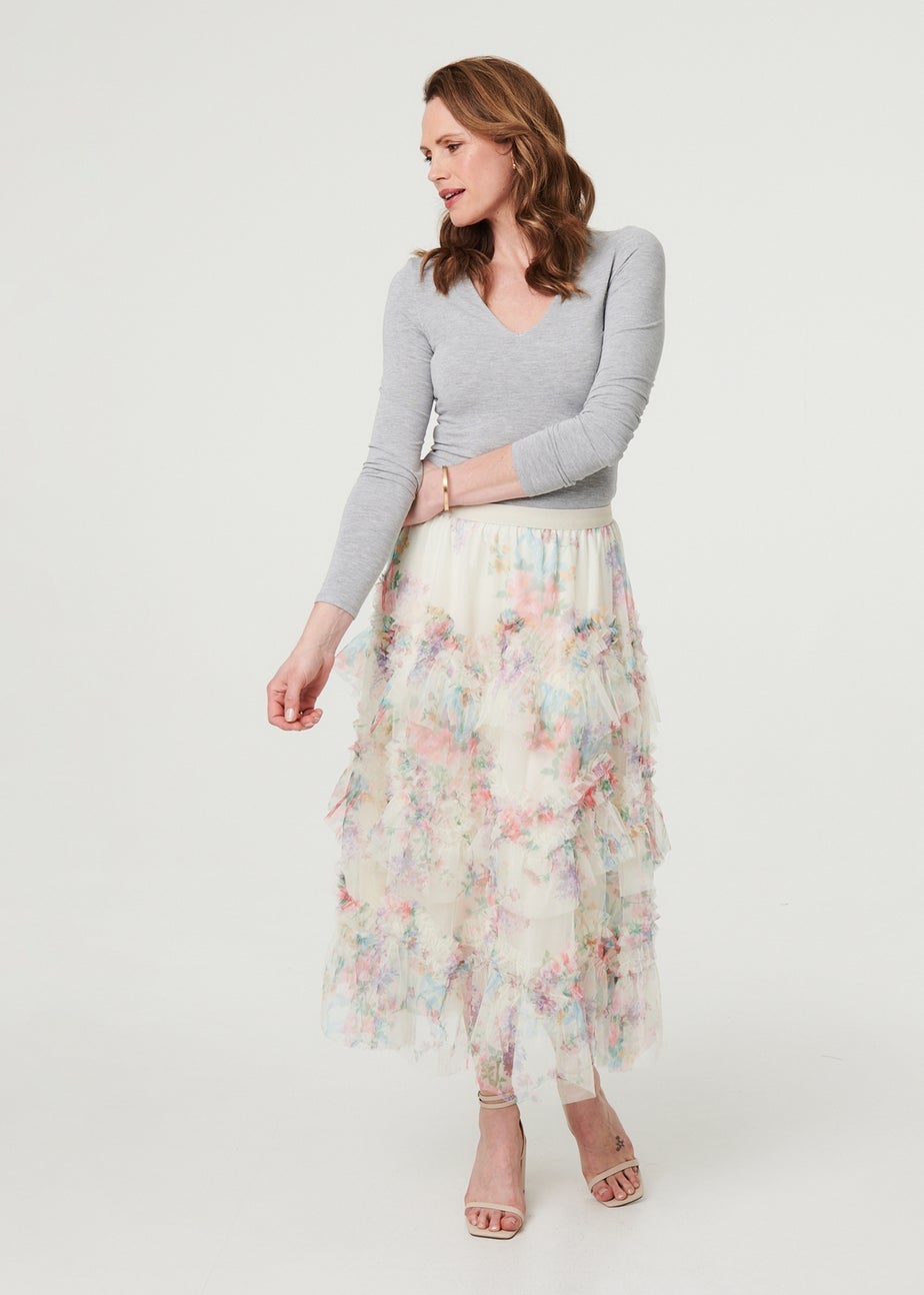 Izabel London White Floral Semi Sheer Mesh Ruffled Midi Skirt