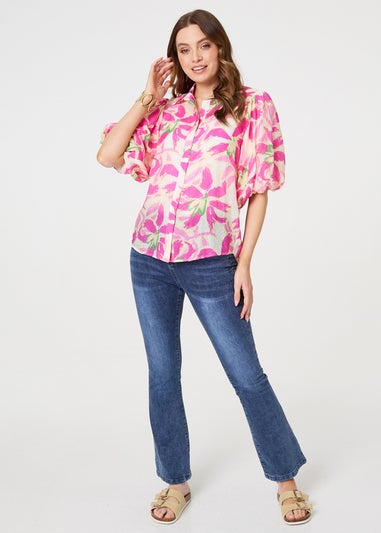 Izabel London Pink Floral Puff Sleeve Collared Shirt