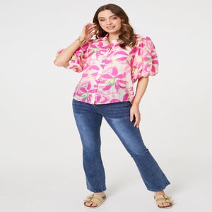 Izabel London Pink Floral Puff Sleeve Collared Shirt