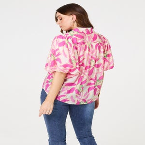 Izabel London Pink Floral Puff Sleeve Collared Shirt