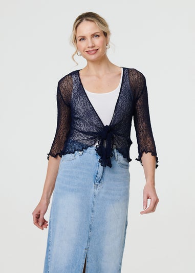 Izabel London Navy Sheer 3/4 Sleeve Open Front Cardigan