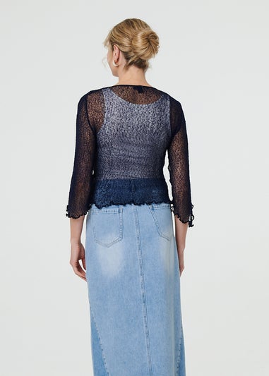 Izabel London Navy Sheer 3/4 Sleeve Open Front Cardigan