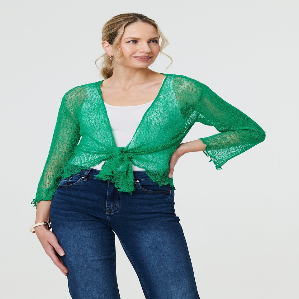 Izabel London Green Sheer 3/4 Sleeve Open Front Cardigan