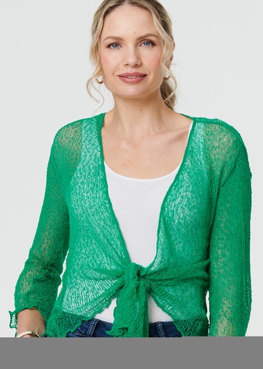 Izabel London Green Sheer 3/4 Sleeve Open Front Cardigan