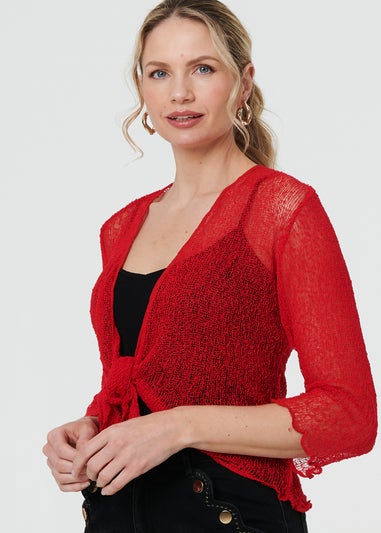Izabel London Red Sheer 3/4 Sleeve Open Front Cardigan