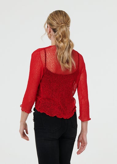 Izabel London Red Sheer 3/4 Sleeve Open Front Cardigan