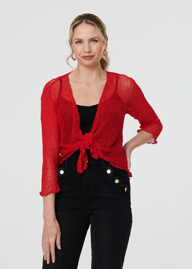 Izabel London Red Sheer 3/4 Sleeve Open Front Cardigan