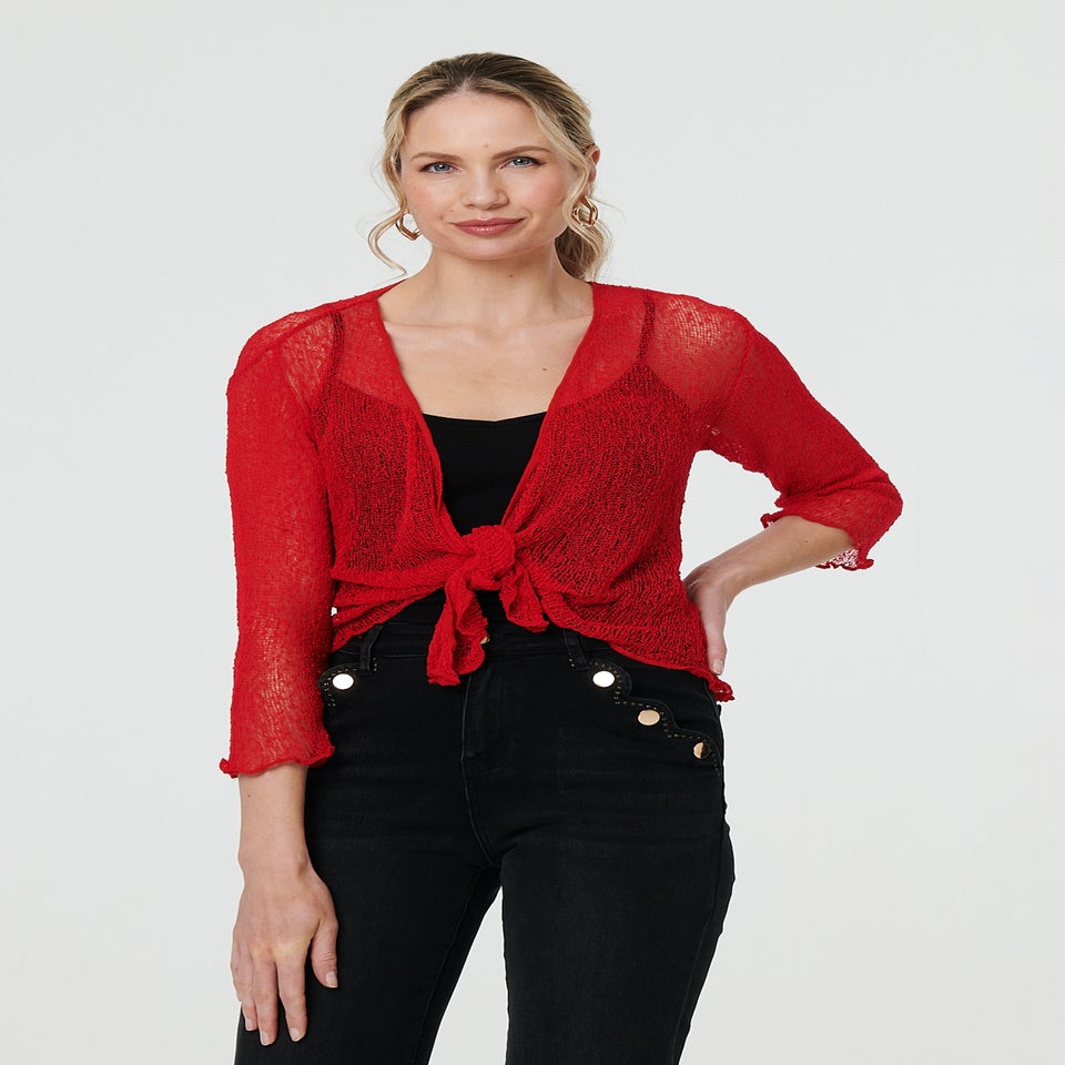 Izabel London Red Sheer 3/4 Sleeve Open Front Cardigan