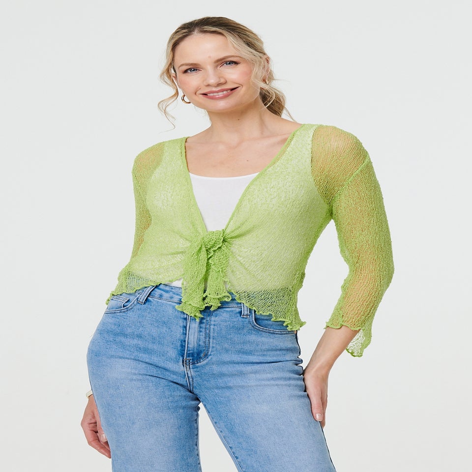 Izabel London Light Green Sheer 3/4 Sleeve Open Front Cardigan