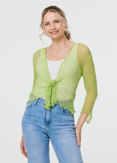 Izabel London Light Green Sheer 3/4 Sleeve Open Front Cardigan