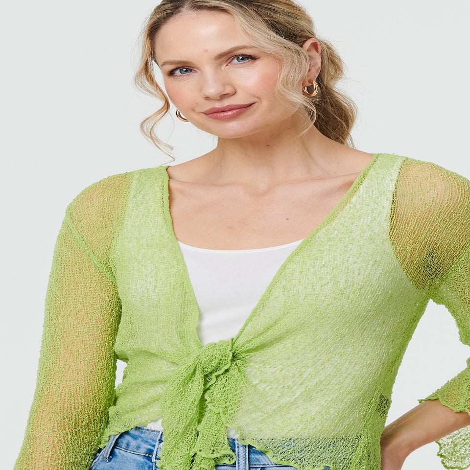 Izabel London Light Green Sheer 3/4 Sleeve Open Front Cardigan