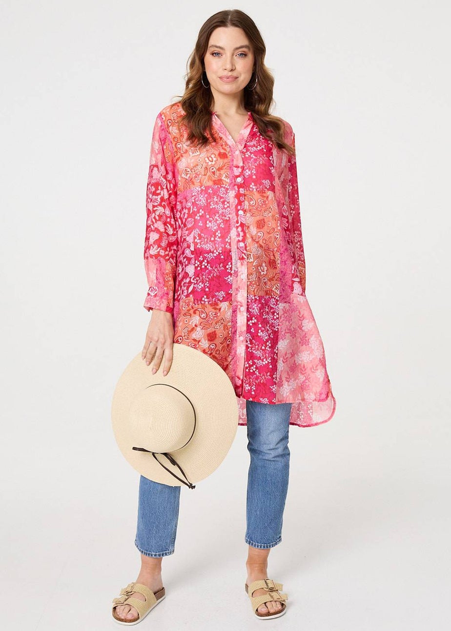 Izabel London Red Patchwork Print Semi Sheer Longline Shirt