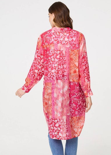 Izabel London Red Patchwork Print Semi Sheer Longline Shirt