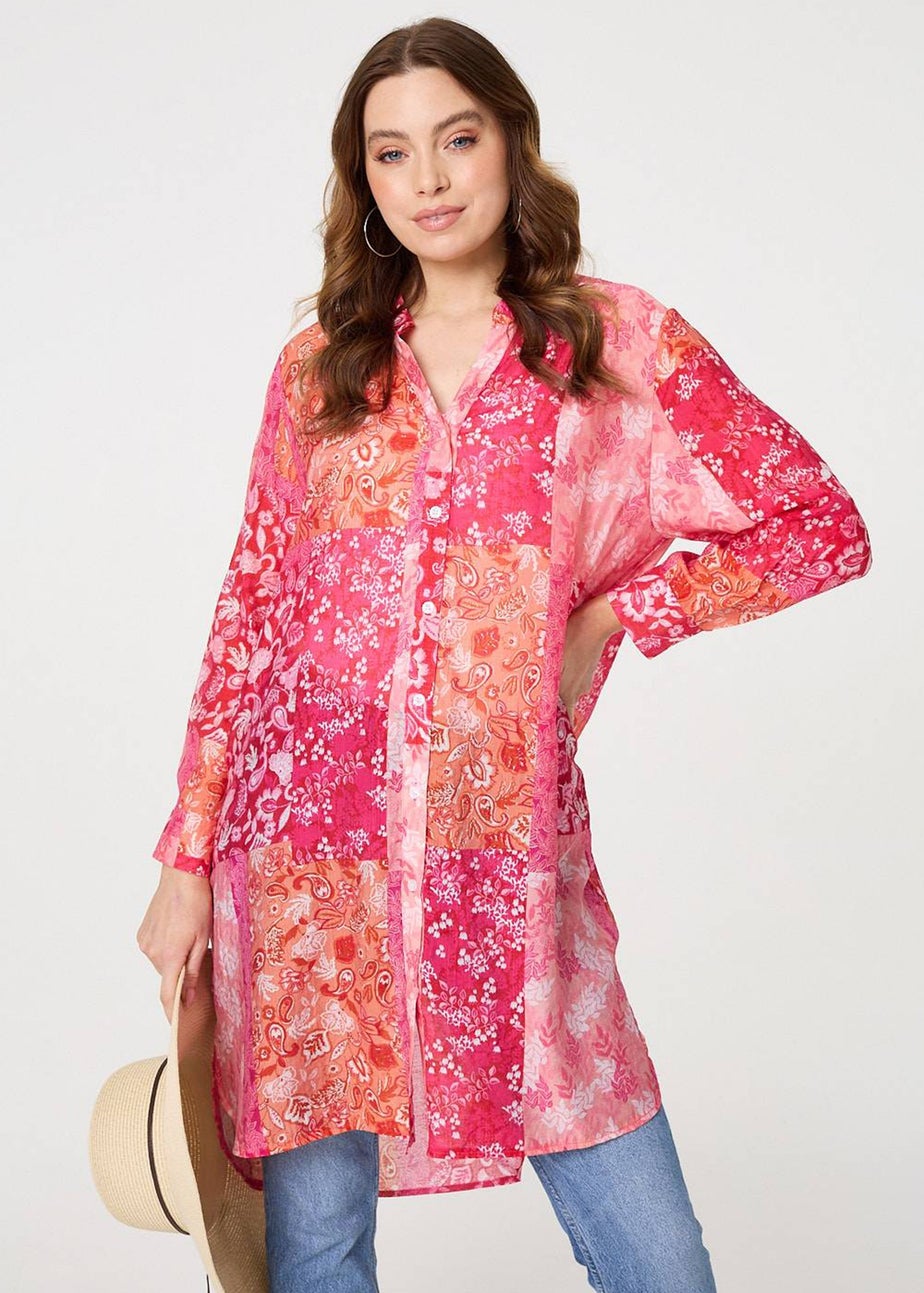 Izabel London Red Patchwork Print Semi Sheer Longline Shirt