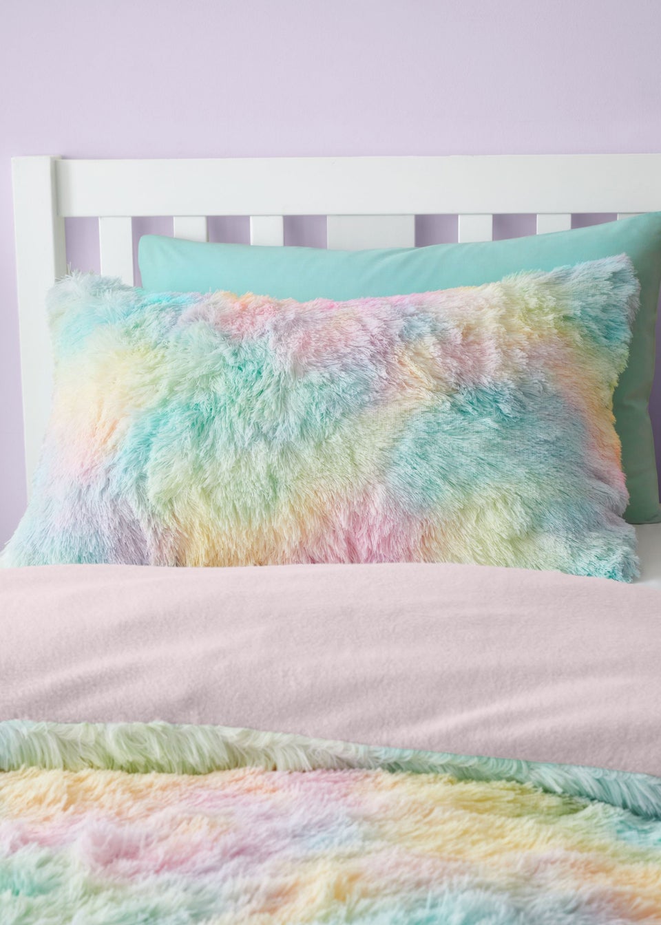 Catherine Lansfield Rainbow Cuddly Deep Pile Faux Fur Duvet Cover Set Pastel
