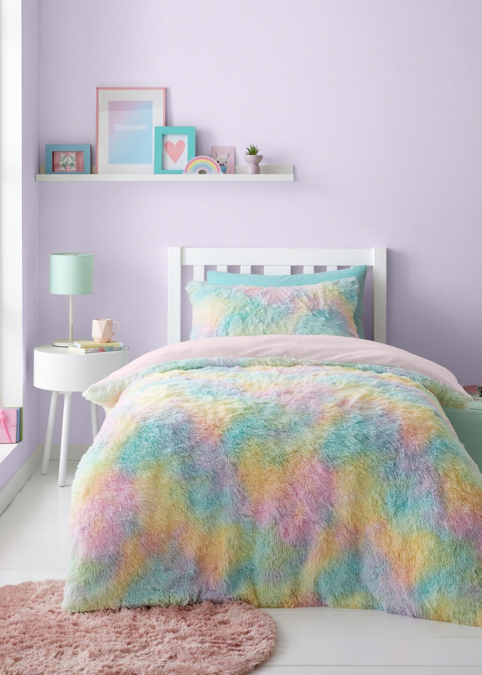 Catherine Lansfield Rainbow Cuddly Deep Pile Faux Fur Duvet Cover Set Pastel