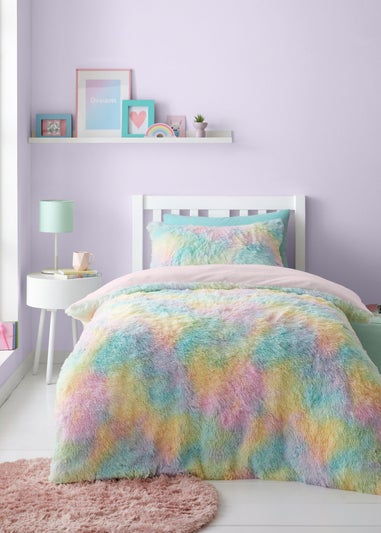Catherine Lansfield Rainbow Cuddly Deep Pile Faux Fur Duvet Cover Set Pastel