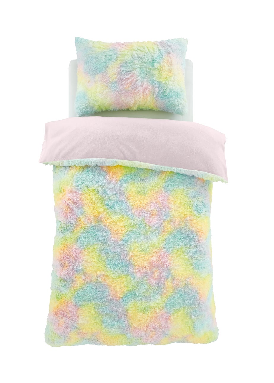 Catherine Lansfield Rainbow Cuddly Deep Pile Faux Fur Duvet Cover Set Pastel