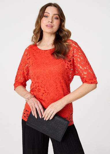 Izabel London Coral Floral Lace 3/4 Sleeve Relaxed Blouse