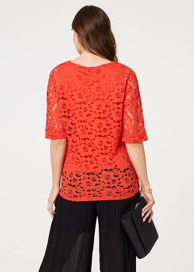 Izabel London Coral Floral Lace 3/4 Sleeve Relaxed Blouse
