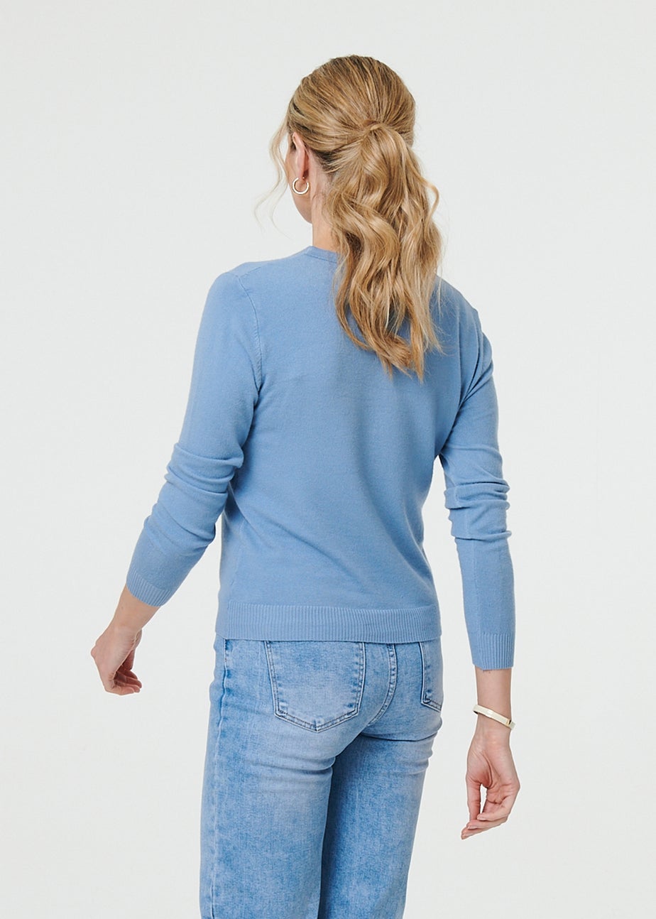 Izabel London Blue Cropped Button Up Slim Knit Cardigan