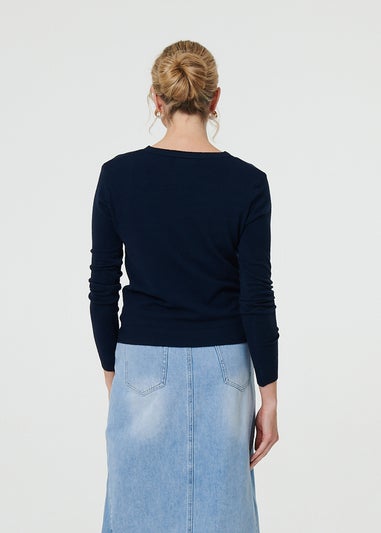 Izabel London Navy Cropped Button Up Slim Knit Cardigan