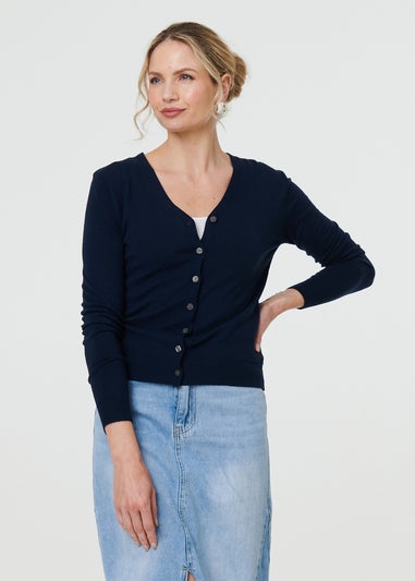 Izabel London Navy Cropped Button Up Slim Knit Cardigan
