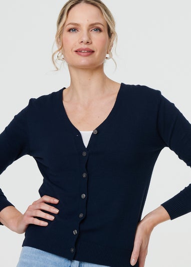 Izabel London Navy Cropped Button Up Slim Knit Cardigan