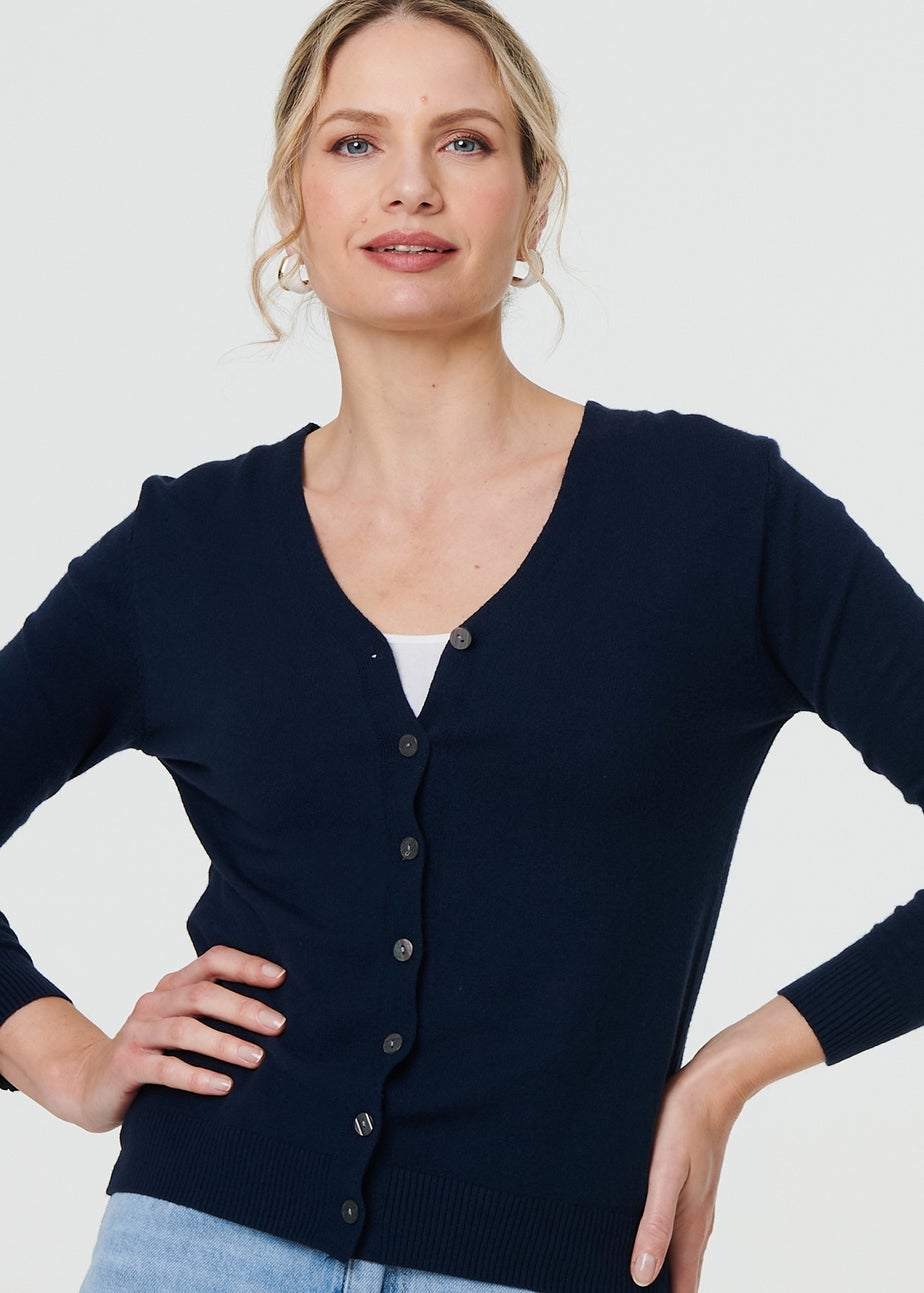 Izabel London Navy Cropped Button Up Slim Knit Cardigan