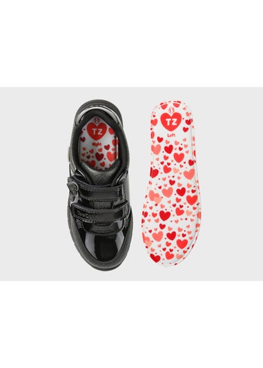 ToeZone Girls Black Isla Patent Heart Rip Tape School Shoes