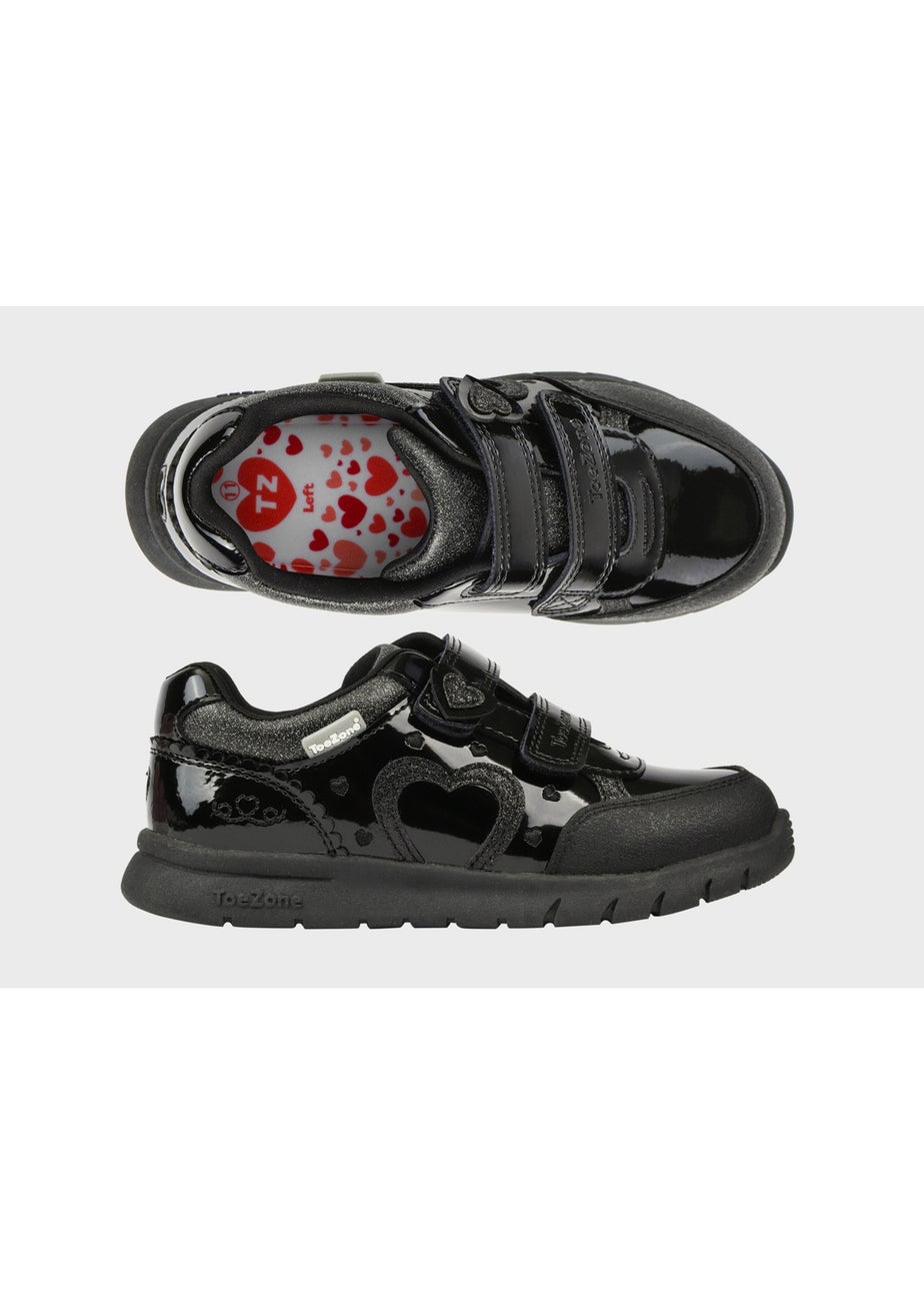 ToeZone Girls Black Isla Patent Heart Rip Tape School Shoes